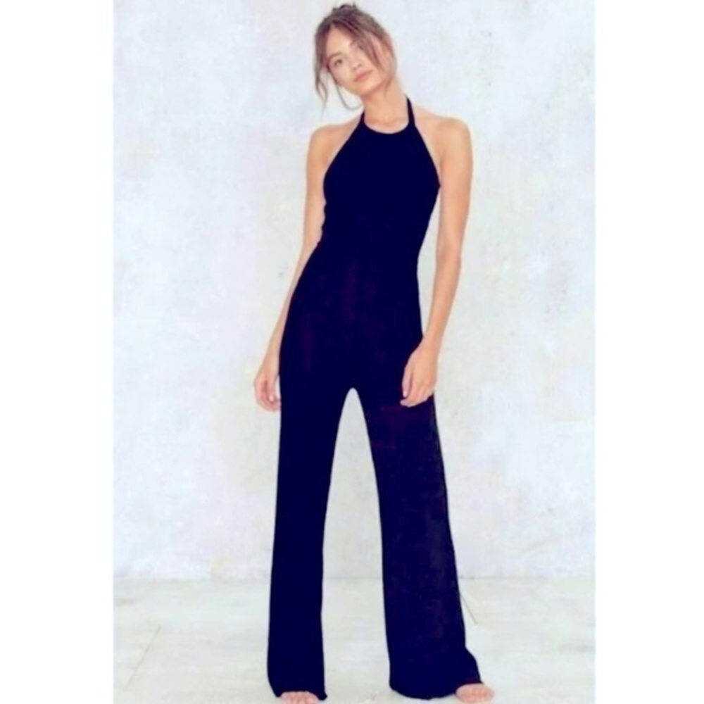 Black Knit Wide Leg Halter Top Jumpsuit